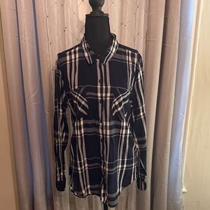 Lucky Brand Button Down Navy Blue and White Plaid Striped Shirt